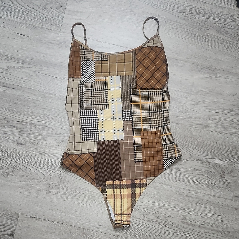 Bear Dance Brown Patchwork Plaid One-Piece